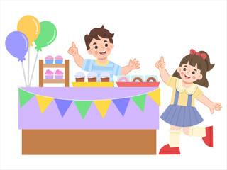 Children at Cupcake and Donut Stand Illustration