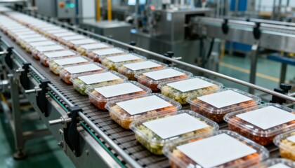 Food Packaging Line: Salad Containers Moving on Conveyor Belt in a Modern Food Processing Plant