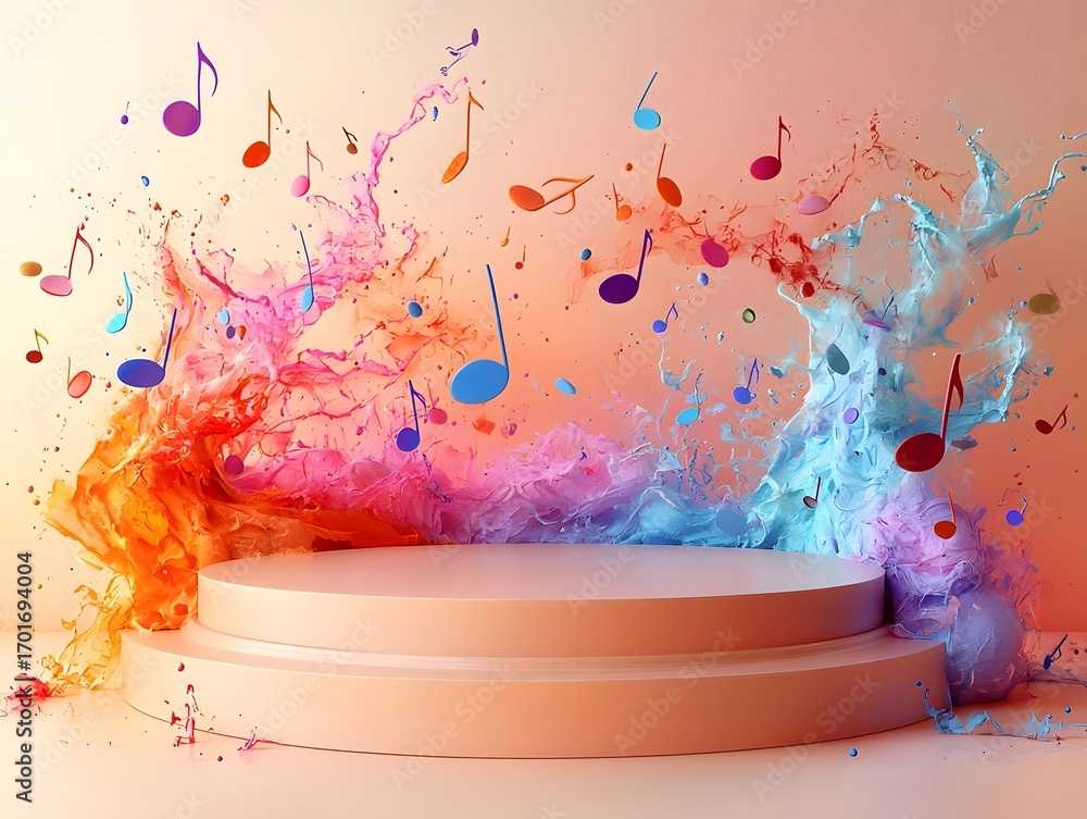 Aufkleber a vibrant abstract podium with colorful fluid splashes and floating musical notes against a soft bac