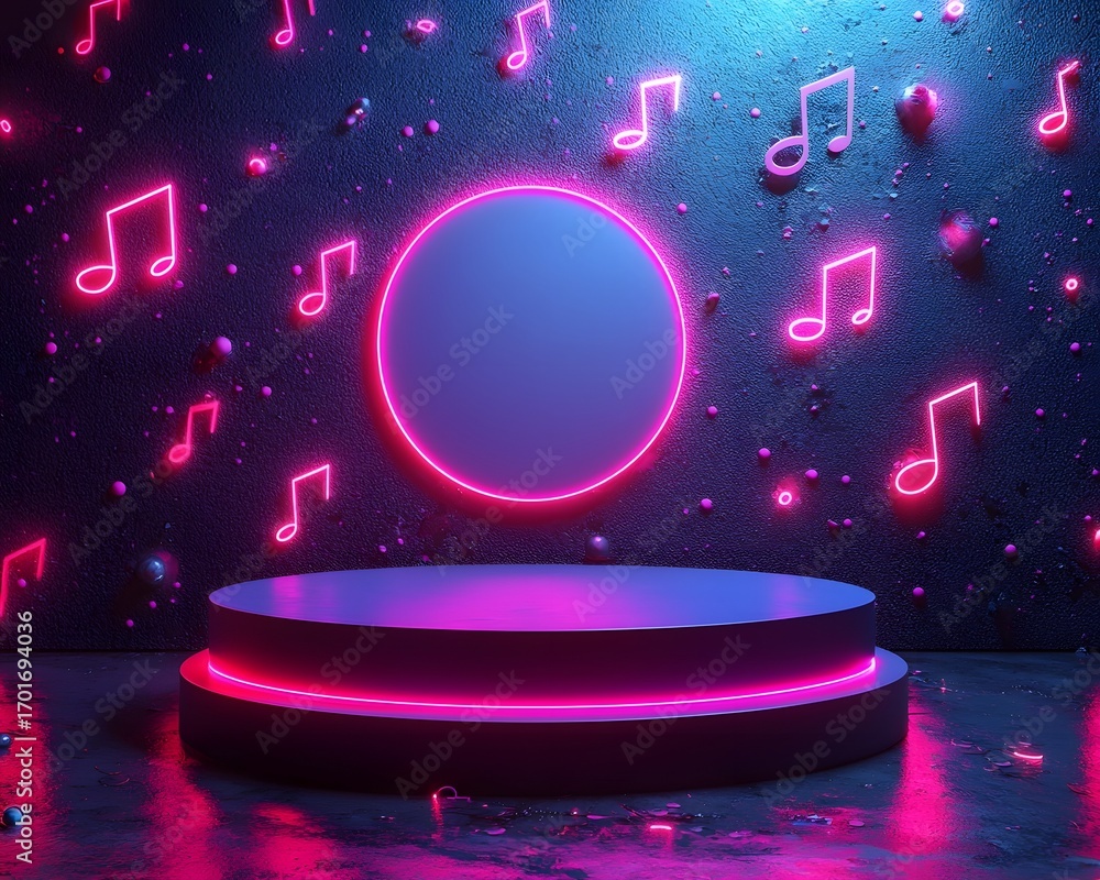 Poster a neon lit podium on a textured background with glowing music notes and a circular frame