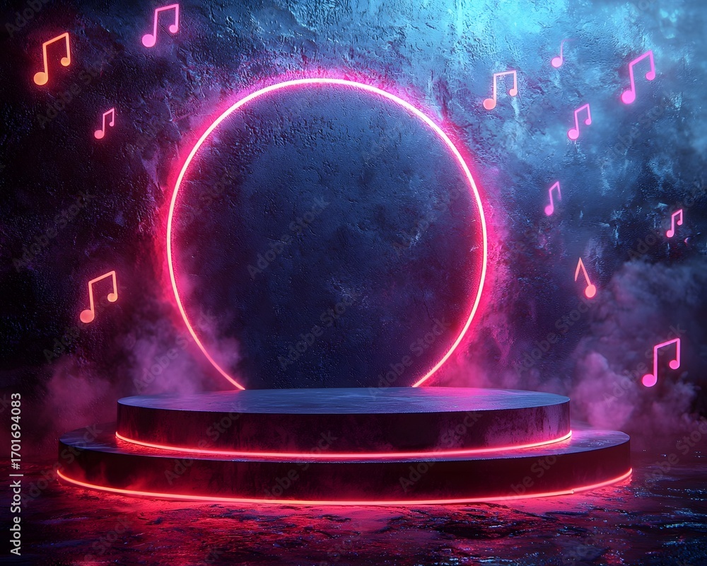 Poster a glowing neon circle surrounds an empty podium on a dark background with scattered musical notes an