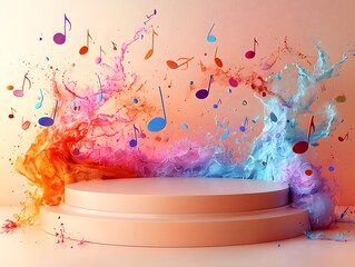 A vibrant abstract podium with colorful fluid splashes and floating musical notes against a soft background symbolizing creativity and inspi n