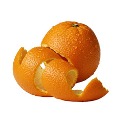 Two vibrant orange citrus peels, elegantly arranged with textured surface and dew drops, isolated on a solid transparent background, commercial product photography concept