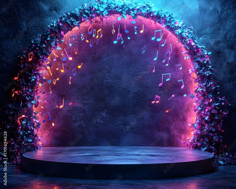 Poster a glowing archway filled with colorful music notes and foliage frames a circular stage illuminated b