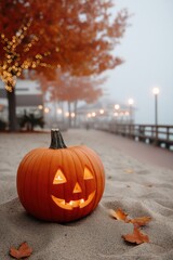 Fototapeta premium Beautiful Autumn Pumpkin Decor Featuring Charming Street Lights and Enchanting Fog