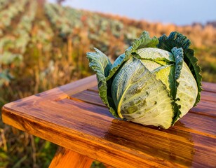 Fresh cabbage on wooden table, dewy leaves