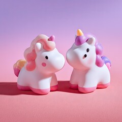 Two adorable unicorn toys with colorful manes and tails on a pastel background.
