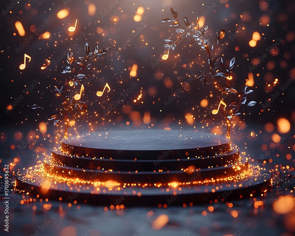 Poster a glowing podium surrounded by floating musical notes and shimmering sparks creating a magical perfo