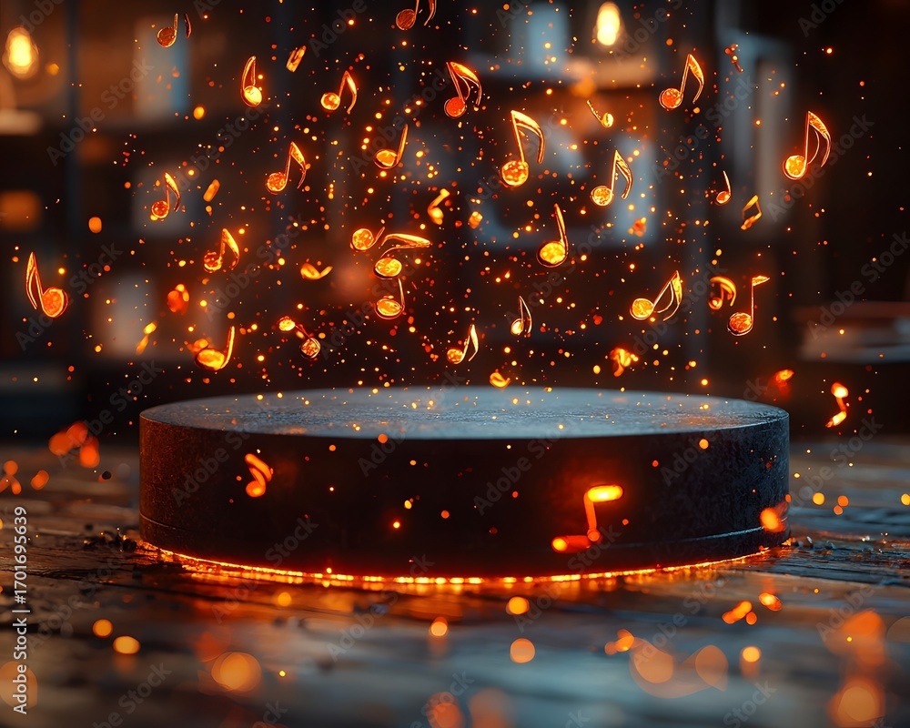 Poster a circular podium glows with light surrounded by ascending luminous music notes and sparks in a dark