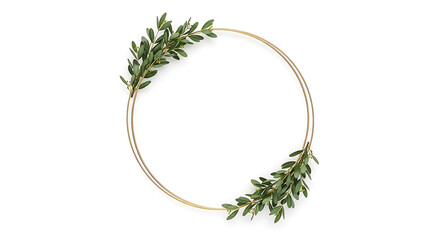 A gold metal hoop is decorated with green leafy branches, creating a circular frame on a white background.