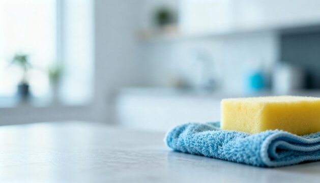 Kitchen Cleaning Still Life: Close-Up of Sponge and Cloth on Countertop for Hygiene