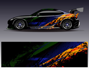 Fototapeta premium Car wrap design vector. Graphic abstract stripe racing background designs for vehicle, rally, race, adventure and car racing livery