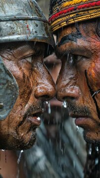 First Nations warrior faces European colonizer in a close, muddy, wet encounter. Their grim expressions show intense historical conflict over land.