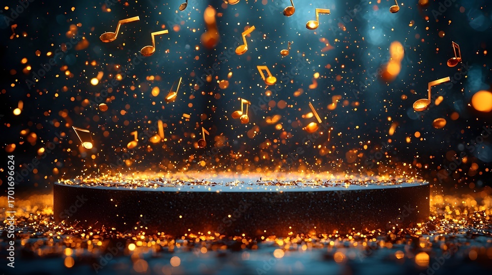 Poster a golden podium showered with musical notes and sparkling particles creating a magical performance a