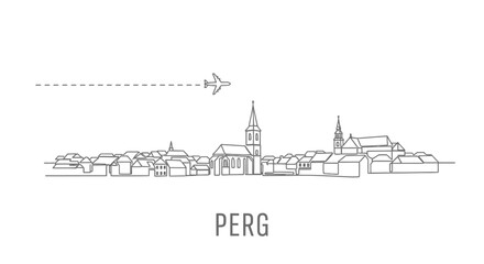 Fototapeta premium Perg Austria Skyline Lineart with Airplane Travel.