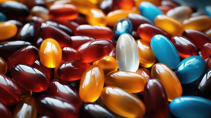 A pile of multi-colored tablets. Theme of medicine and new drugs.