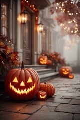 Fototapeta premium Enchanting Halloween Decor featuring Vibrant JackOLanterns Amidst Autumn Leaves and Colors