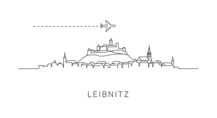 Leibnitz skyline with Austria Travel icon, and airplane.