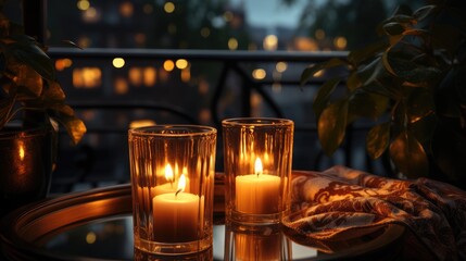 Burning candles on the windowsill. From the window there is a view of the city at night. Warm and calming atmosphere.