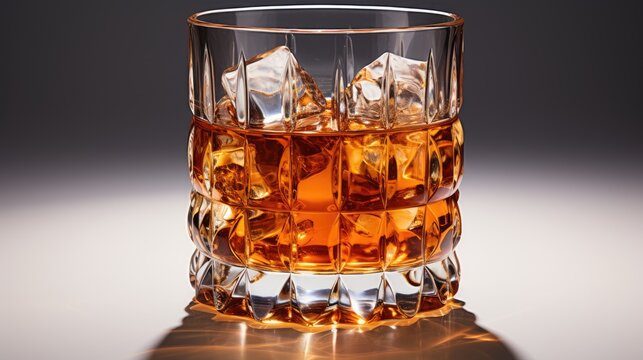 A crystal glass of whiskey with ice stands on a wooden table in a cafe. Leisure theme.