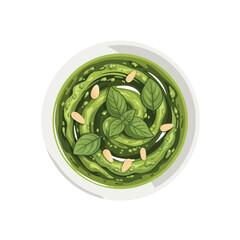 a vibrant green pesto sauce swirled in a bowl with fresh basil leaves and toasted pine nuts on a clean white background for culinary and nutrition concepts