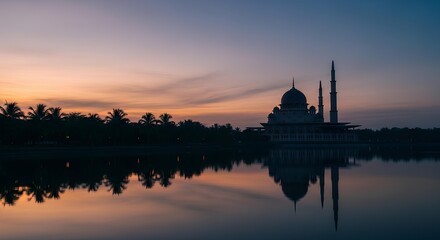 Fototapeta premium Silhouette of Putra Mosque with its reflection on the lake at sunrise
