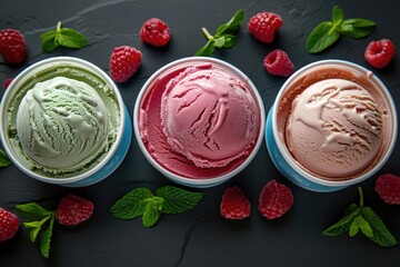 Three bowls filled with creamy ice cream topped with fresh raspberries and mint leaves.
