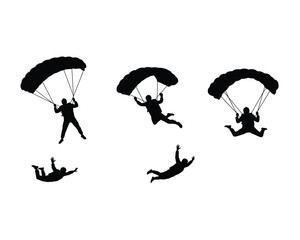 Silhouettes of skydivers in various dynamic poses during freefall and parachute descent against a white background