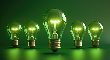 Row of light bulbs on green background. Theme of leadership, innovation and new ideas