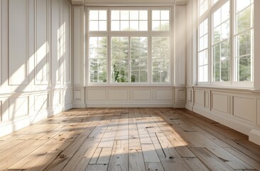 Minimalist room with white walls and wood floors