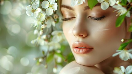 Serene Woman with Closed Eyes Surrounded by Blossoming Flowers in Sunlit Spring Garden