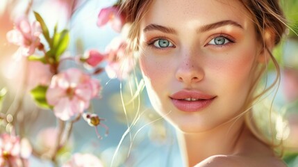 Portrait of a Young Woman Amidst Blooming Flowers with Sunlight and Natural Beauty