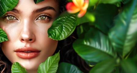 Closeup Portrait of Woman Amidst Vibrant Green Leaves and Colorful Flowers