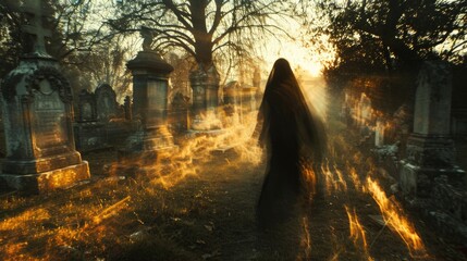 Figure in black robe walking through cemetery at sunset