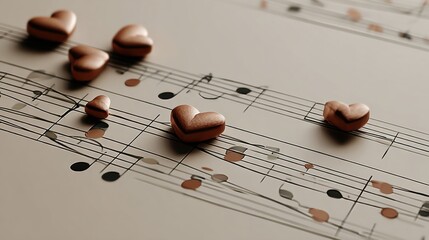 A Harmonious Blend of Music and Love: Chocolate Hearts Adorn Musical Notation for a Sweet, Melodic Experience