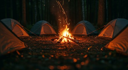 Night Campfire in Forest with Tents  Outdoor Camping Adventure.