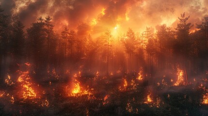 Nighttime forest fire with burning trees