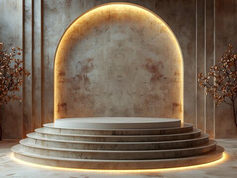 Modern abstract architectural stage with a stepped podium illuminated archway textured walls and abstract branches evoking elegance - Powered by Adobe