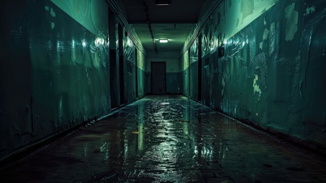 Dark and gloomy hallway with lanterns