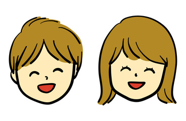 手描きの笑顔の男の子と女の子の顔イラスト
