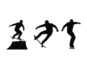 Dynamic silhouettes of skateboarders performing tricks on a ramp and in midair against a white background