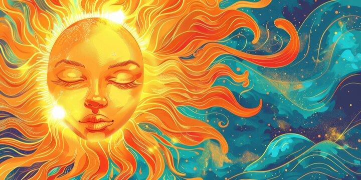 Humanized sun with closed eyes against a blue and gold sky