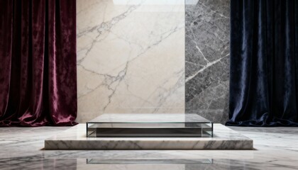 Elegant Product Display with Marble Backdrop and Velvet Curtains for Luxury Brand Presentation