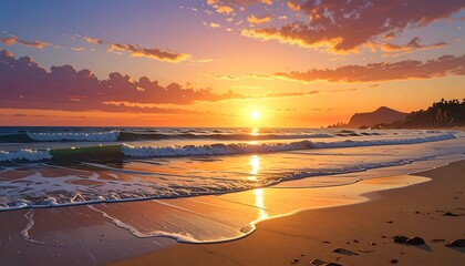 A breathtaking coastal sunrise paints the sandy shore with warm hues of orange and gold, where gentle waves kiss the beach.