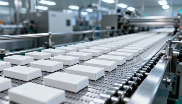 Automated Packaging Line: White Boxes on Conveyor Belt in a Modern Factory Setting for Efficient Production