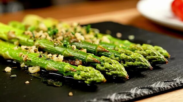 Freshly roasted asparagus with garlic on slate platter in gourmet kitchen setting