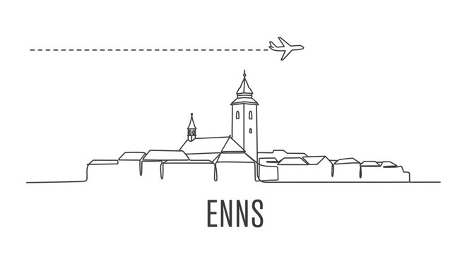 Enns Skyline Line Art with Austria, Travel, and Airplane.