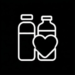 Outline icon of two bottles and a heart, white lines, representing healthy drinks and wellness on a black background with copy space