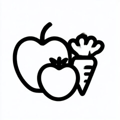 Outline icon of an apple, a tomato, and a carrot, black and white, representing fresh fruits and vegetables with copy space
