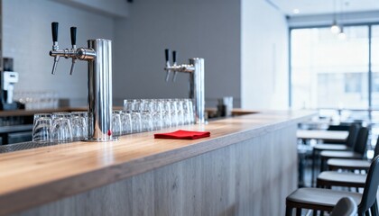 Sleek Modern Bar Interior with Beer Taps, Glasses, and Contemporary Design Elements